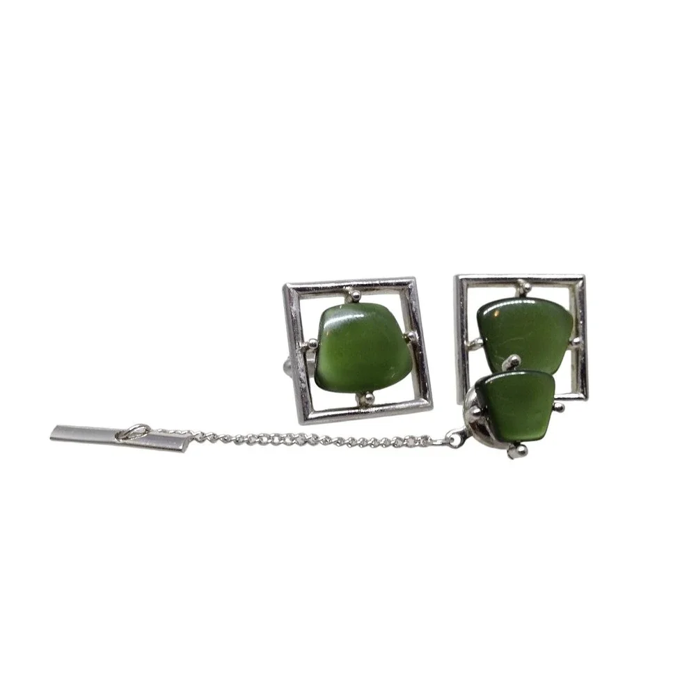Green Lucite Square Cufflinks Tie Tack Sarah Coventry Pin New Yorker Silver MCM